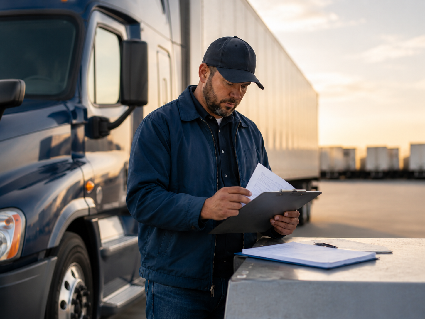 Driver reviewing compliance paperwork in front of a semi-truck